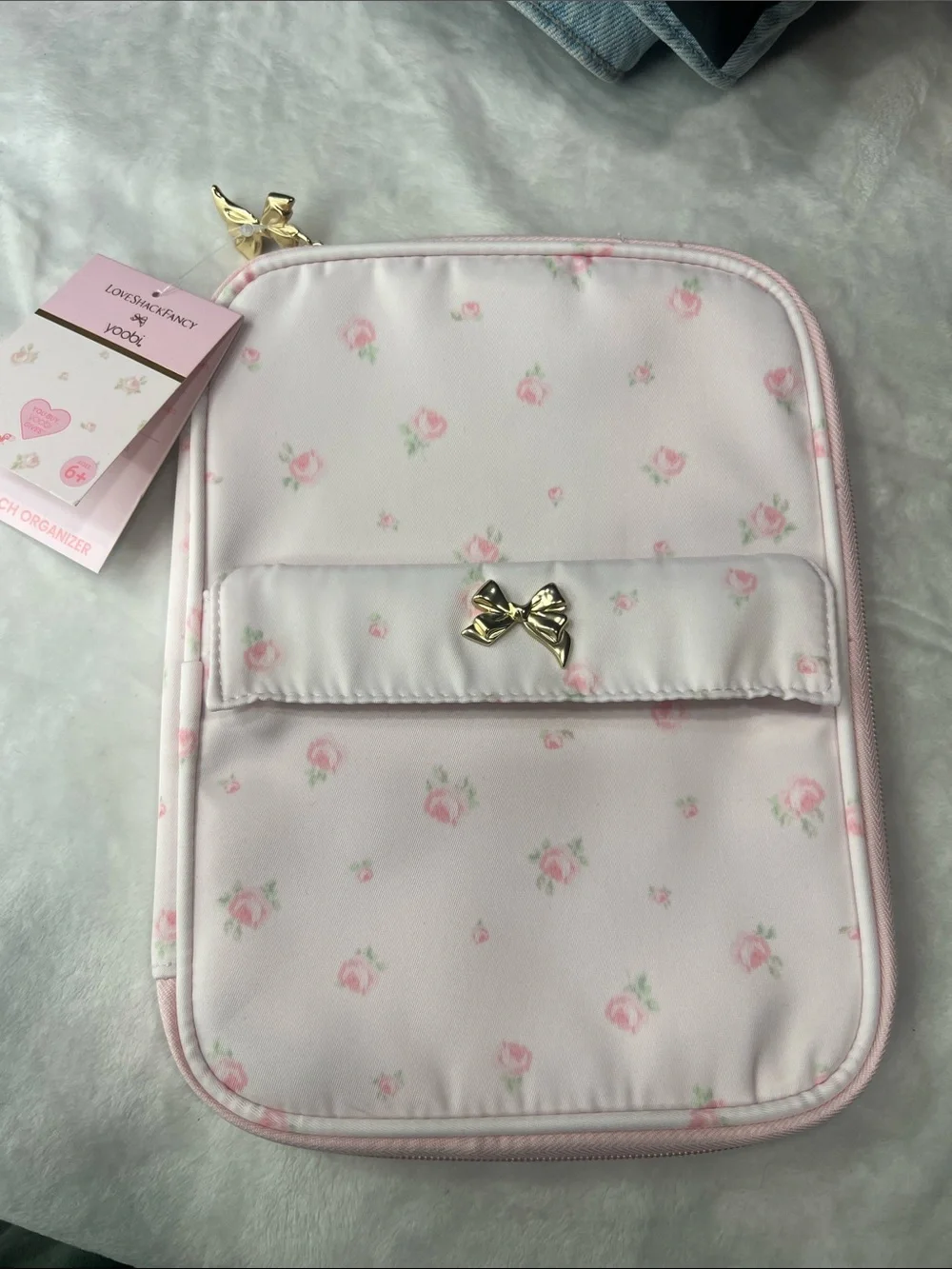 LoveShackFancy Pink Floral Kids Accessories Organizer with Gold Bow